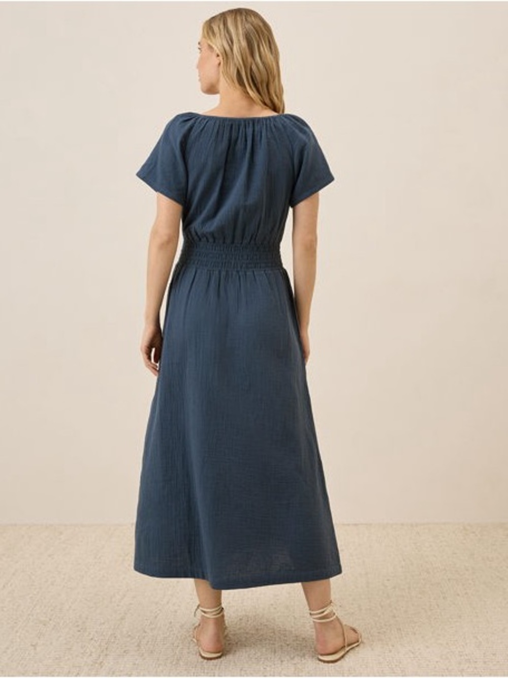 Pact Coastal Double Gauze Organic Boho Midi Dress Navy Blue Medium - Picture 2 of 7